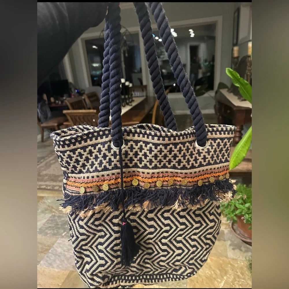 Bohemian Navy and Tan Woven Tote Bag